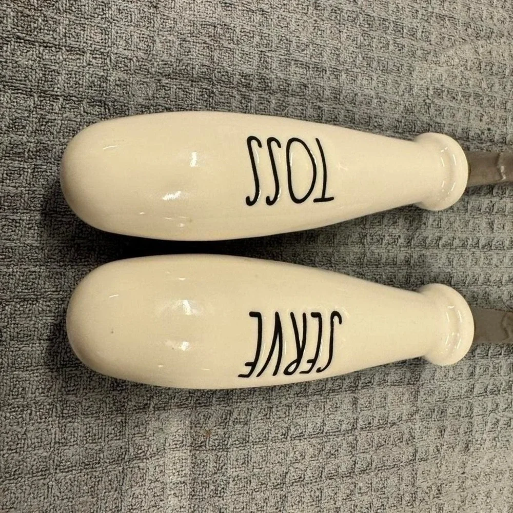 Rae Dunn Toss Serve Salad Serving Utensils White Ceramic Handle Farmhouse
